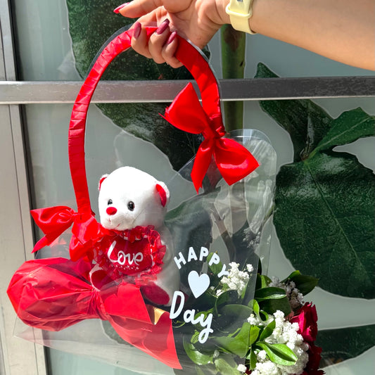 Romantic Gift Bag with Teddy Bear and Roses